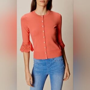 KAREN MILLEN Crochet Bell Sleeve Coral Yarn Cardigan size S